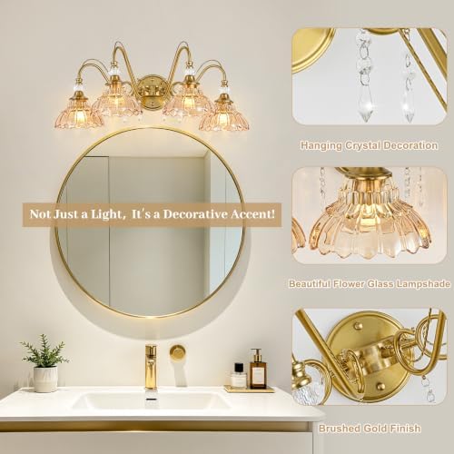 Vintage Bathroom Vanity Light, 4-Light Brushed Gold Finish Wall Sconce - Image 4