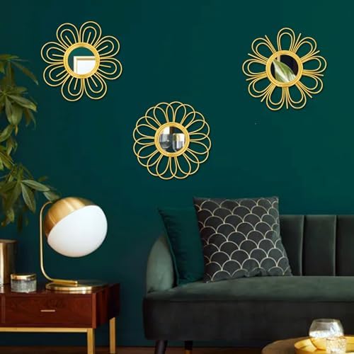 Gold Mirrors 3 Piece, 9 inch Flower-Indoor Shaped Mirror Hanging Wall Decor - Image 4