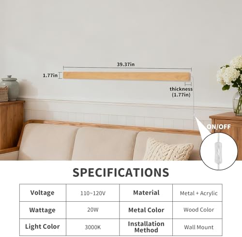 Modern Plug in Long Wall Sconce, 39.3" Faux Wood Texture Finish LED Wall Lights - Image 3