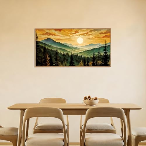LHIUEM Large Boho Sunset Mountain Framed Canvas Wall Art, Retro Pine Tree Wall - Image 3