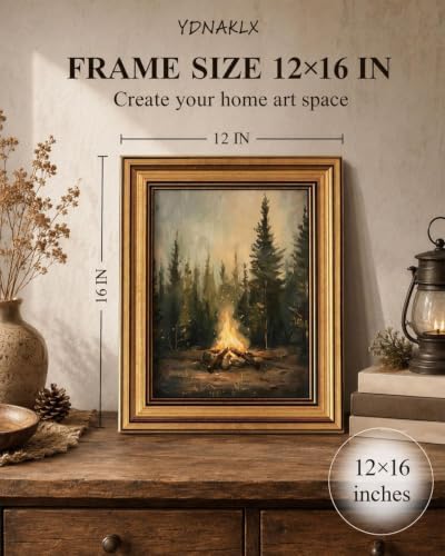 Gold Framed Wall Art, Rustic Campfire Canvas Prints, Vintage Forest Camping - Image 2