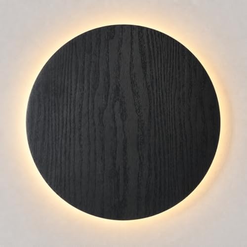 Battery Operated Wall Sconce, Round Black Wood Grain LED Wall Light by Unknown