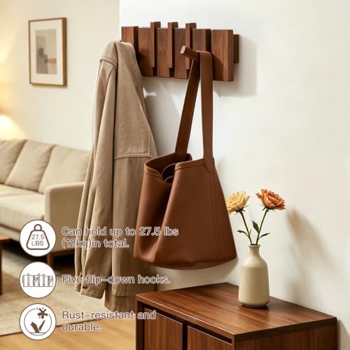 Coat Rack Wall Mount, Walnut 5 Flip-Down Picket Hanger Hooks - Image 3