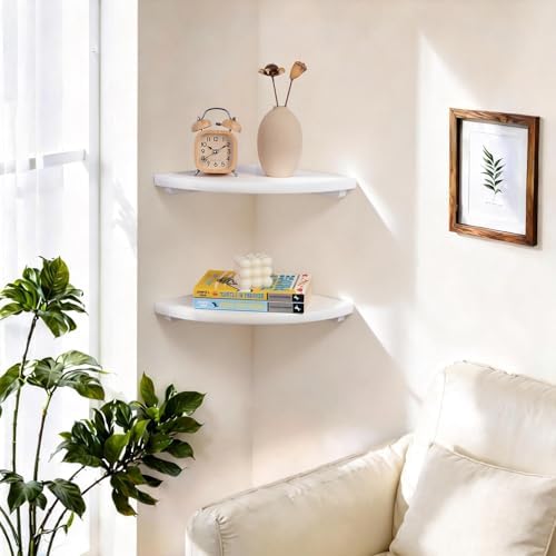 Floating Corner Shelves Set 2 12inch White Solid Oak Rounded Corner Shelves - Image 2