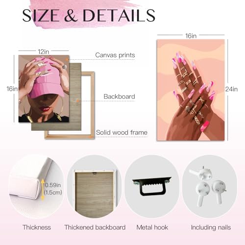 Hianan Wrapped Canvas Fashion Pink Black Girl Wall Art Set of 3, 16x24 in - Image 6