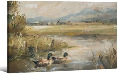 Mallard Duck Pond Poster Animal Farmhouse Canvas Wall Art Vintage Duck Painting by Haitunone