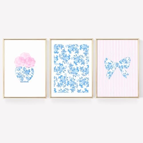Pink Blue Flower Wall Art Bow Chinoiserie Canvas Wall Art Decor Watercolor by Unknown