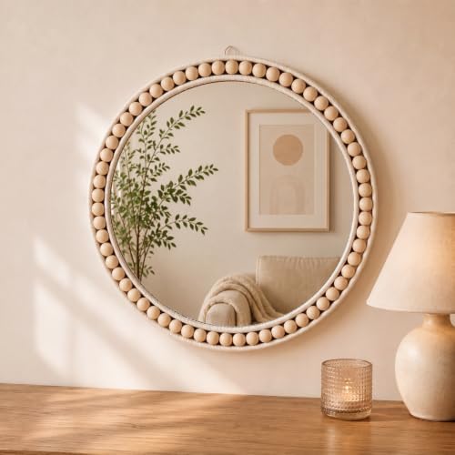 Glooglitter 15 Inch Boho Round Wall Mirror, Beaded Wood Frame Hanging Mirror by Glooglitter