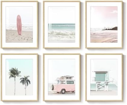 Framed Pink and Mint Green Coastal Beach Wall Art by Cuspin