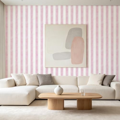 17.3" x 120" Watercolor Pink Striped Peel and Stick Wallpaper - Image 3