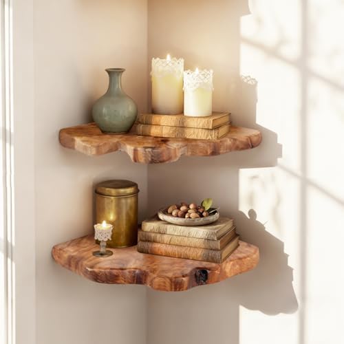 WELLAND Live Edge Cedar Corner Shelf Set of 2, Floating Wall Shelves by WELLAND