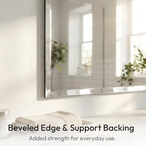 22x30 Inch Frameless Bathroom Mirror, Rectangular Beveled Wall Mirror - Image 3