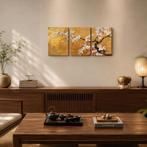 3 Pcs Japanese Golden Plum Blossom Flower Canvas Wall Art 12x16 Inches - Image 2
