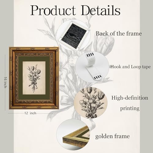 Gold Framed Wall Art Vintage Flower Sketch Wall Art Antique Sage Green - Image 2