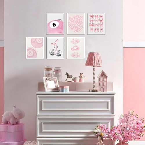 Cute Pink Girl Poster Set of 6, Light Pink Coquette Wall Art Trendy Lucky 8 - Image 5