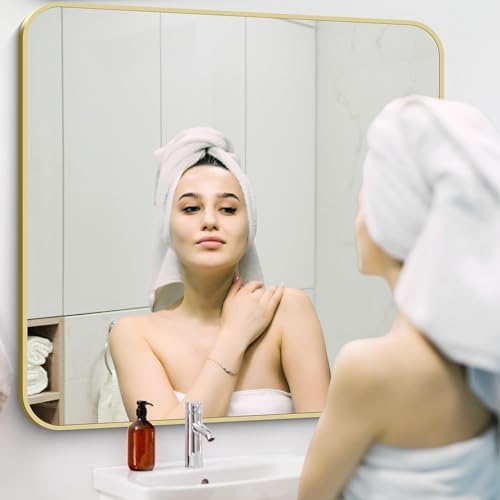 Gold Bathroom Mirror, 42x42 Inch Metal Framed Square Mirror, Rounded Corner - Image 4