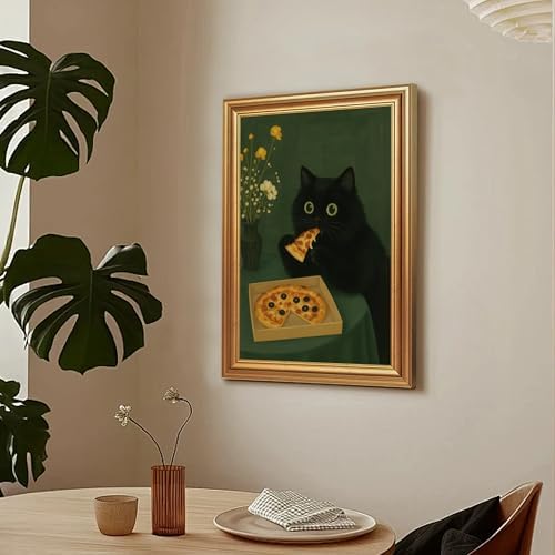 ICHZUMW Gold Framed Funny Black Cat Eating Pizza Canvas Wall Art, 12x16 In - Image 4