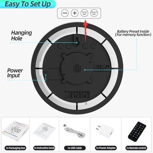 8in Round Digital Wall Clock, Large LED Display, Auto DST, Temperature - Image 7