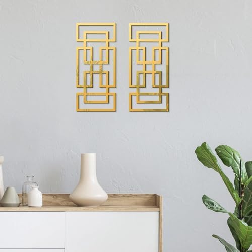 2 Piece Gold Rectangular Wall Mirrors, 15.7×7 Inch Geometric Wooden Frame - Image 4