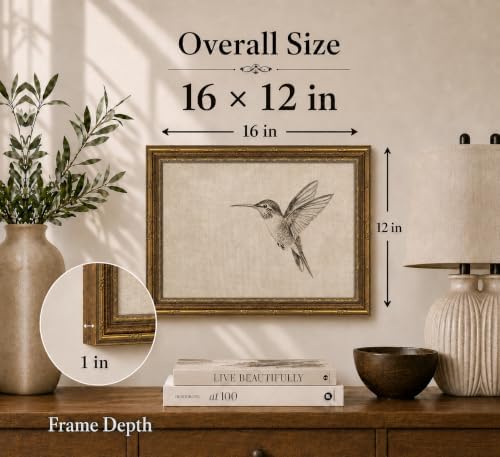 Gold Framed 3D Textured Wall Art, Vintage Sketch Hummingbird Canvas Prints - Image 4