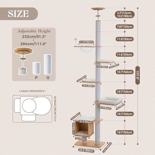 PAWZ Road Floor to Ceiling Tall Cat Tree, 7.6-9.4ft Modern Wood Cat Tower - Image 2