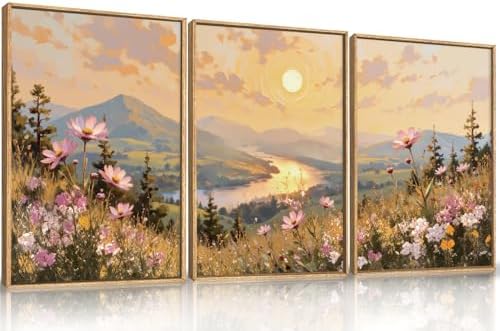 LHIUEM Large Boho Sunset Wildflower Framed Canvas Wall Art, Nature Pink Flower by LHIUEM