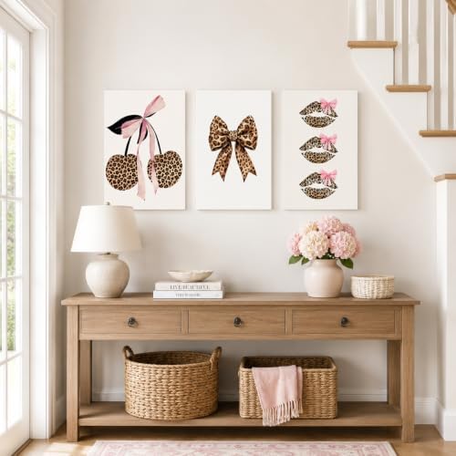 3Pcs Trendy Leopard Print Canvas Wall Art, Fashion Bow Cherry Lips Y2k Poster - Image 5