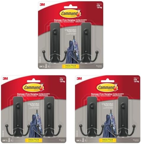 Command Large Matte Black Double Hooks, 2 Hooks and 2 Strips, Damage Free by Command