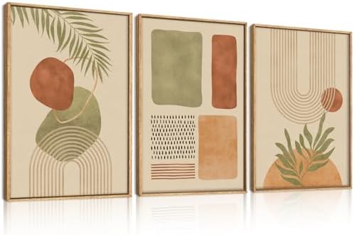 Large Boho Sage Green Framed Canvas Wall Art, Abstract Geometric Beige Wall - Image 2