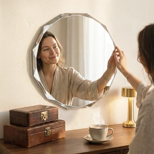 30" Large Round Frameless Wall Mirror, Faceted Diamond Edge Bathroom Vanity - Image 7