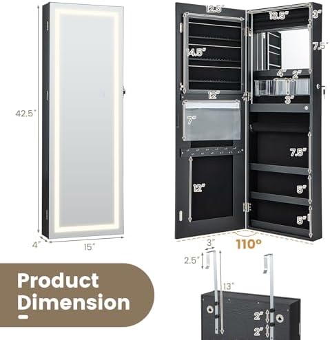 CHARMAID LED Mirror Jewelry Cabinet, Lockable Jewelry Armoire - Image 7