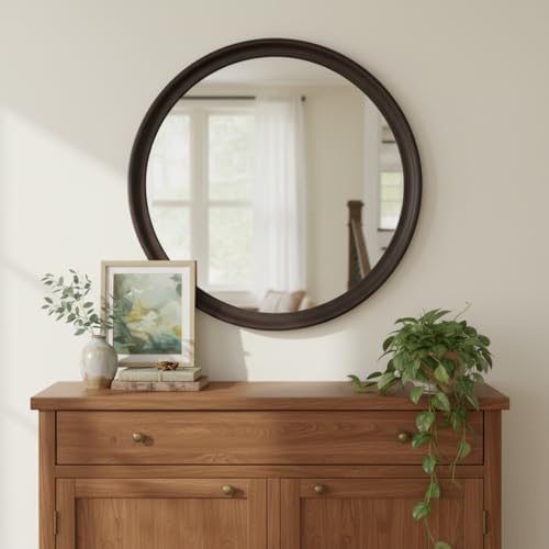 Round 30 Inch Dark Walnut Wall Mirror - Image 4