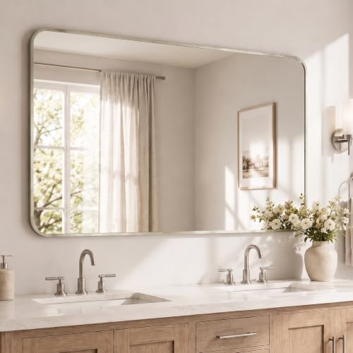 30x48 Inch Brushed Nickel Rounded Rectangle Bathroom Vanity Mirror - Image 6