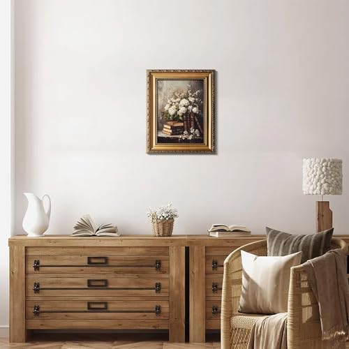 uniro Vintage Gold Framed Wall Art, Moody Books and Flowers Canvas Art Prints - Image 4