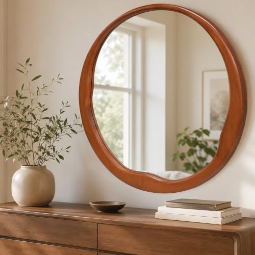 Warm Walnut 36 Inch Round Wood Wall Mirror, Asymmetrical Inner Edge - Image 2