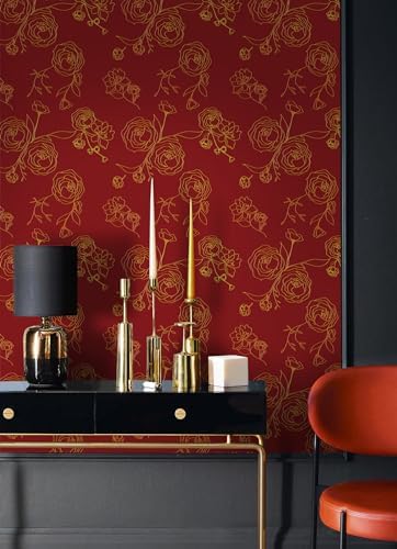 Safiyya 118"x17.3" Peel and Stick Wallpaper Red and Gold Contact Paper Floral - Image 2