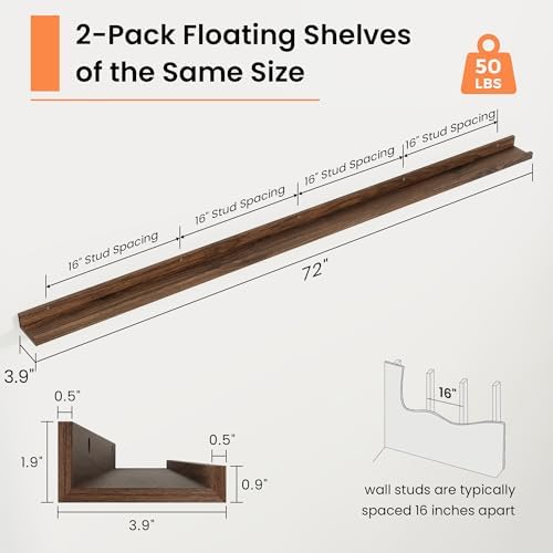RICHFOCUS Picture Ledge Shelf, 72 inch Floating Shelves Set of 2, Wood Wall - Image 3