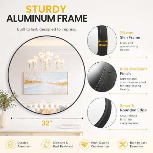 Garvee 30 Inch Round Wall Mirror Black Metal Frame Circle Bathroom Mirror - Image 6