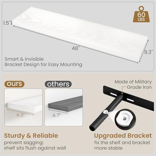 Fun Memories 48 Inch Floating Shelves in White, 9.3 Inch Deep Wall Shelves - Image 3