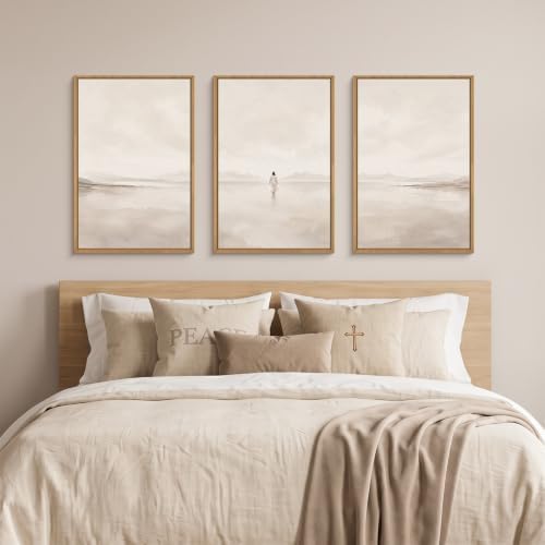 Large Abstract Jesus Christian Framed Canvas Wall Art, Neutral Beige Lake Wall - Image 5