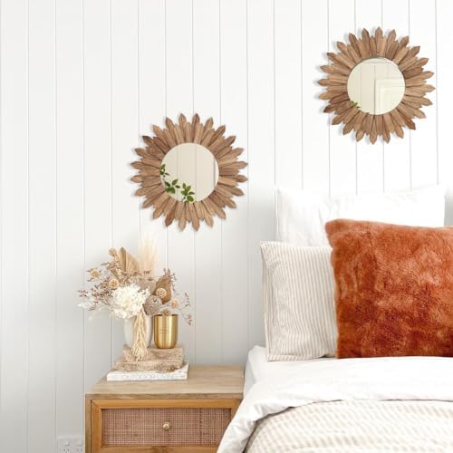 LOSOUR 2 Pack Boho Wall Decor Sunburst Mirror 12 inch Rustic Round Wood Mirror - Image 3