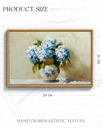 InSimSea Framed Canvas Art Hand-Painted Vintage Blue Hydrangea Art, Textured - Image 5