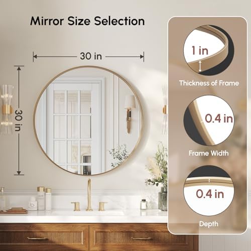 USHOWER 30 Inch Gold Round Bathroom Mirror - Image 4