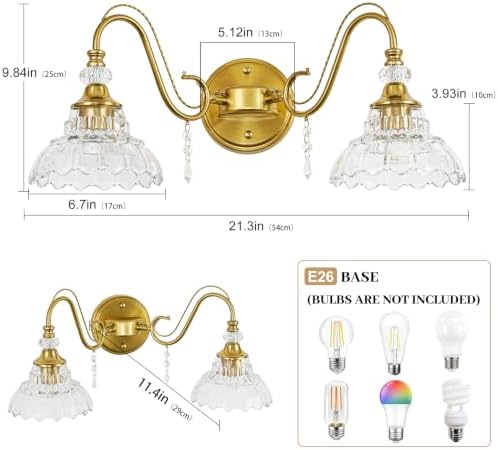 Vintage Bathroom Vanity Light, 2-Light Brushed Gold Finish Wall Sconce - Image 6