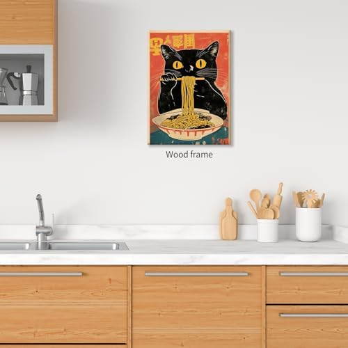 Framed Canvas Wall Art Posters Vintage Funny Black Cat Eating Ramen Unique - Image 3