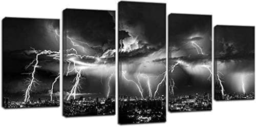 Biuteawal - Black and White City Wall Art Nature Lightning Strikes in The by Biuteawal