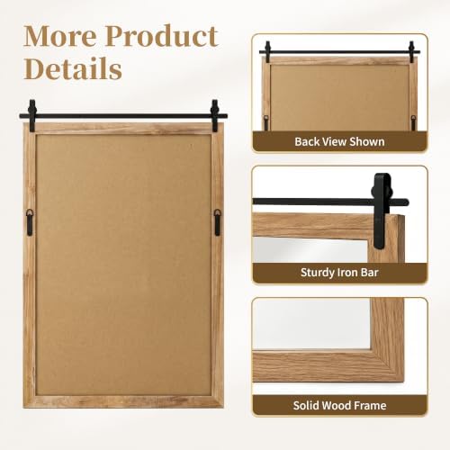 Farmhouse Bathroom Vanity Mirror, 40”x 26” Wood Barn Door Mirror, Light Brown - Image 6