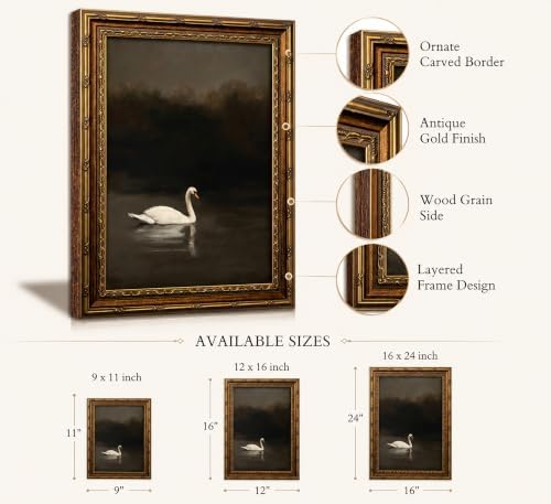 Vintage Gold Framed White Swan Canvas Wall Art Dark Academia Gothic Duck - Image 2