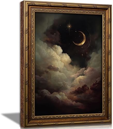 Vintage Gold Framed Celestial Wall Art, Moody Moon and Stars Gothic Painting by VintageGoldFramedwallart