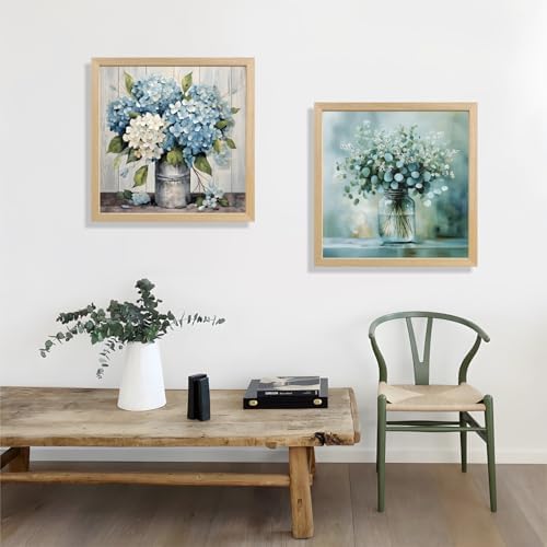 IAFWZX Wood Framed Rustic Blue Hydrangea Wall Art 12x12 in - Image 6